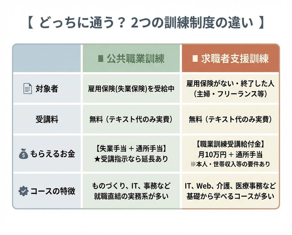 公共職業訓練と求職者支援訓練どちらに通う