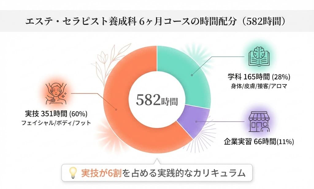 エステ・セラピスト養成科 6ヶ月コースの時間配分（582時間）