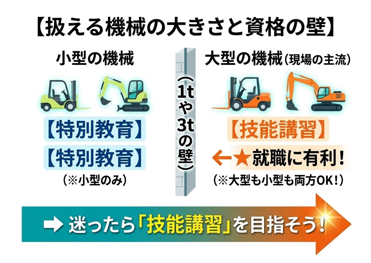 技能講習と特別教育の違い(扱える重機の大きさ)