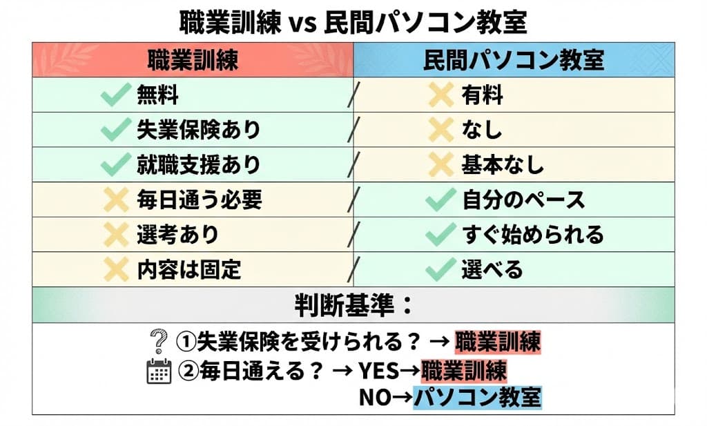 職業訓練 vs 民間パソコン教室 比較図